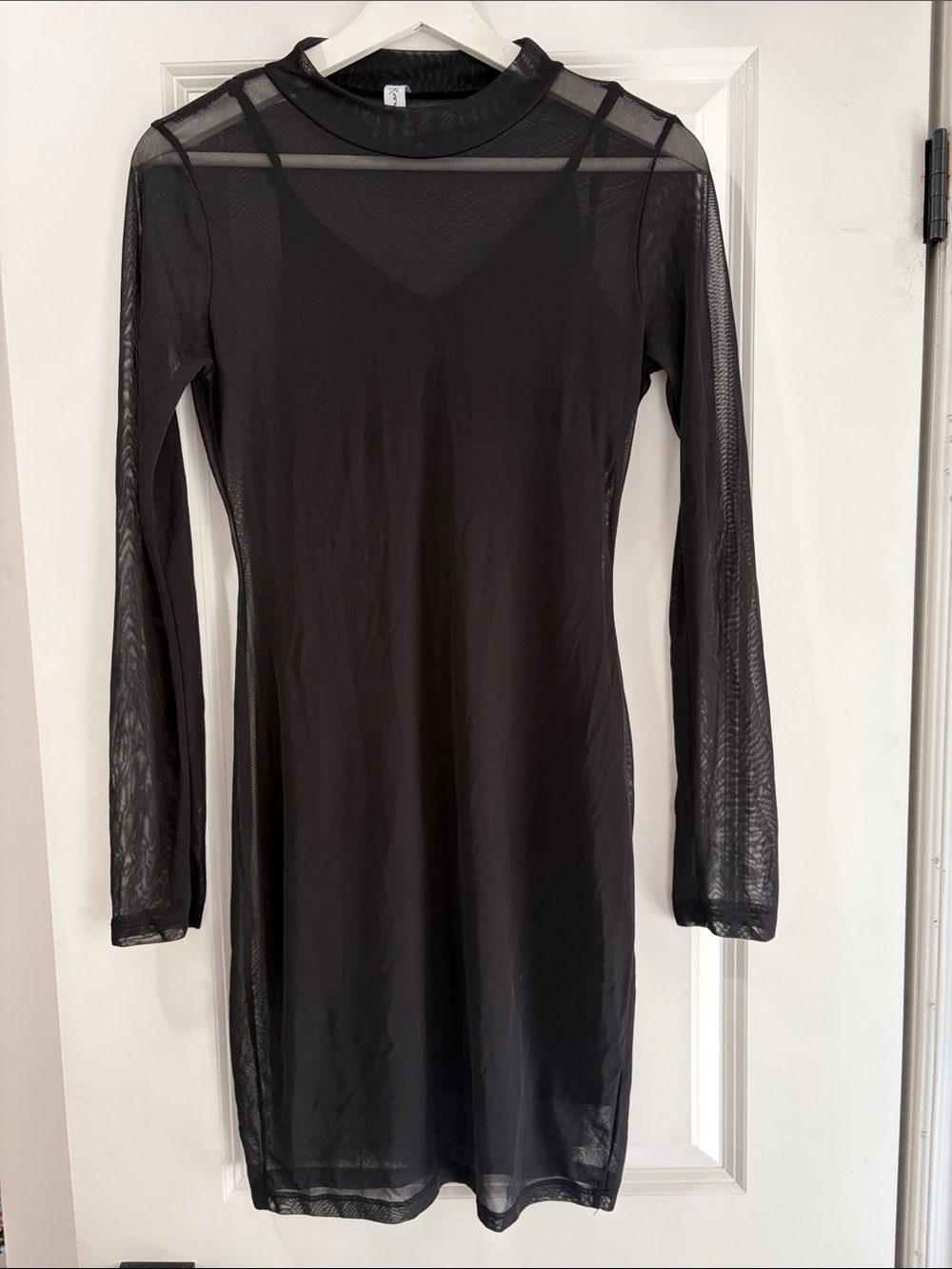 Mendocino Black Long-Sleeve Sheer Mesh Dress with Black slip dress under